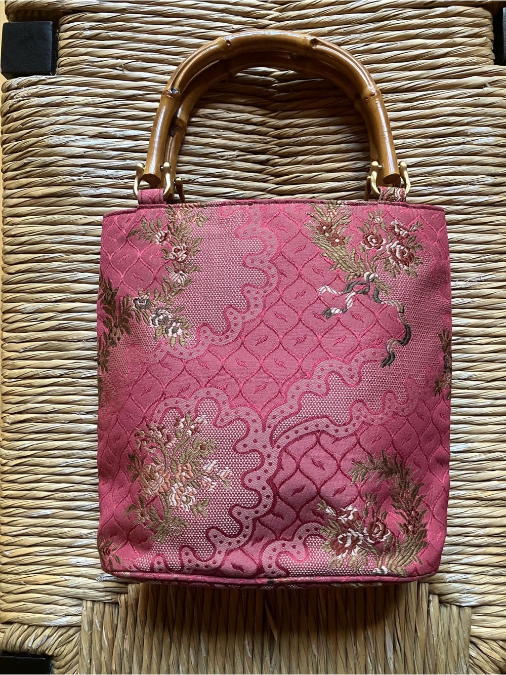 Talbots Vintage Pink Floral Jacquard Bamboo-Handle Tote